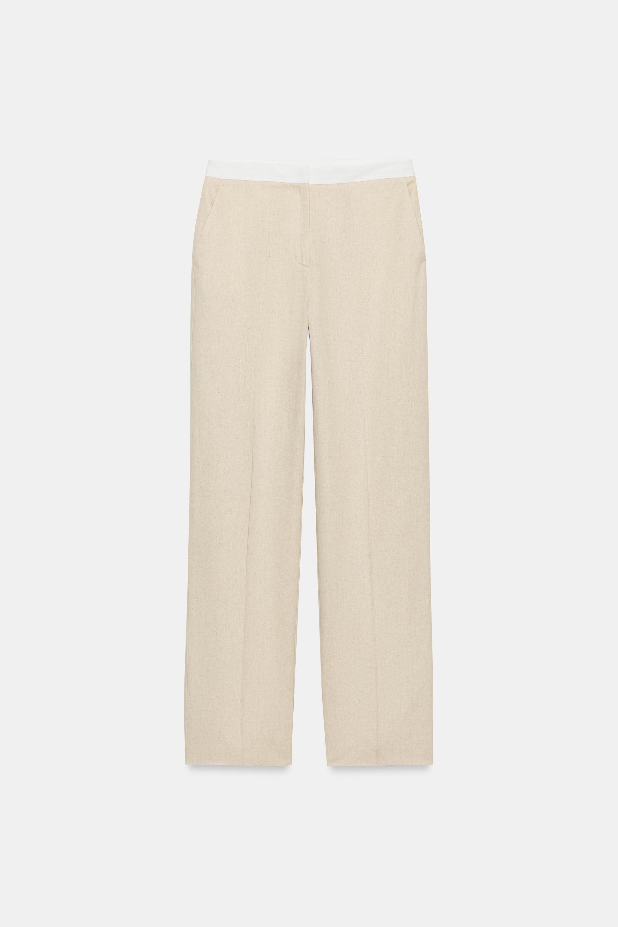 STRAIGHT LEG LINEN PANTS WITH CONTRAST WAIST